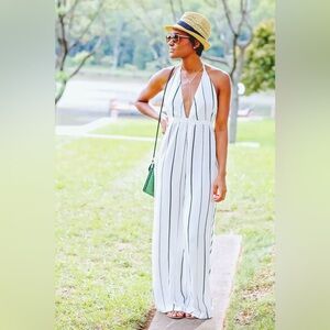 Faithfull the Brand White and Black Pinstripe Jumpsuit